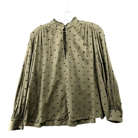 Zara Long Sleeve Blouse Womens S Olive Green High Neck Keyhole Swiss Dot - Picture 1 of 9